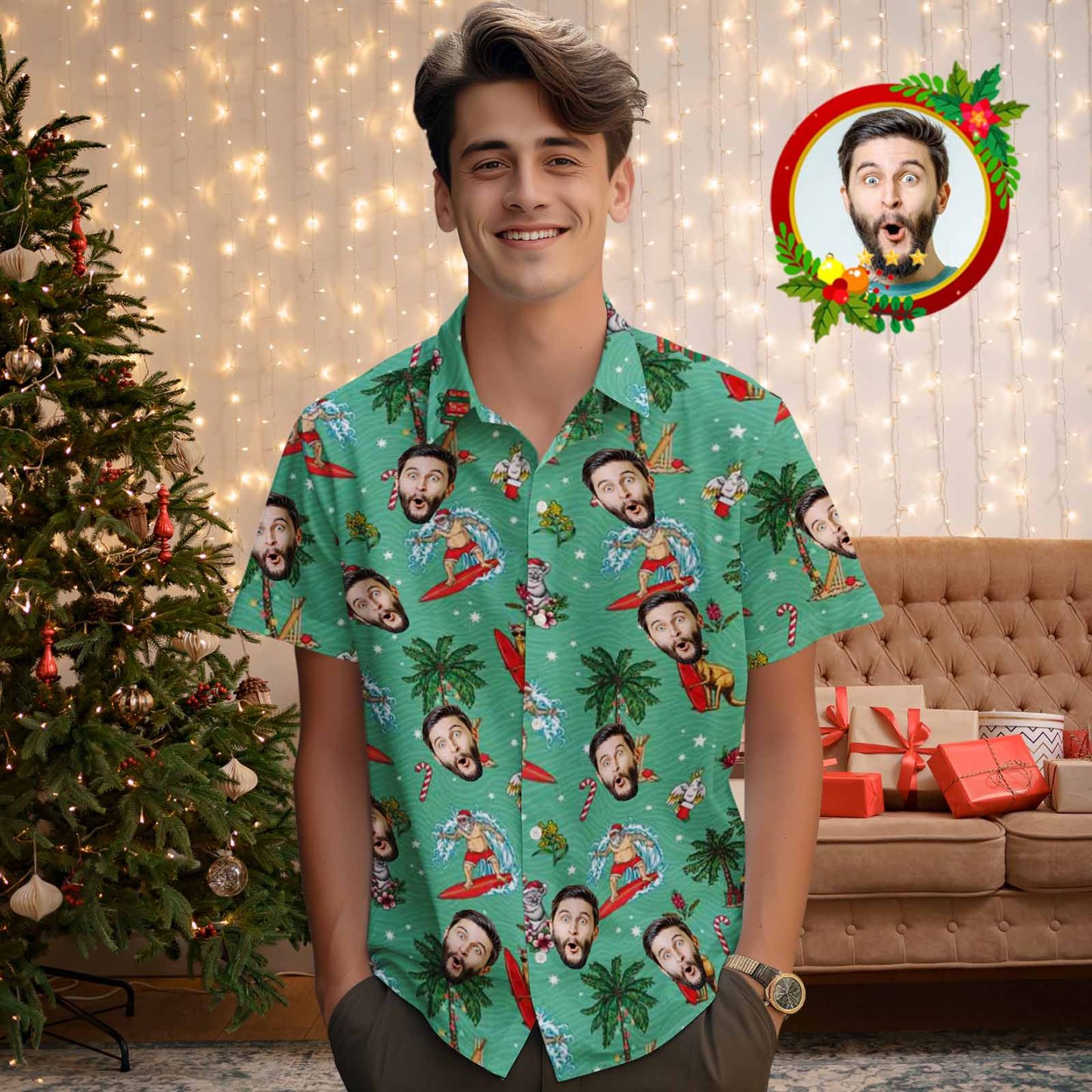 Custom Face Men's Hawaiian Shirt Personalized Santa Beach Holiday Christmas Hawaiian Shirt - MyPhotoSocksAu