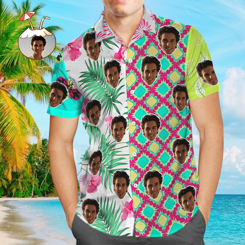 Custom Face Hawaiian Shirt Colorful Patchwork Patterns Funny Hawaiian Shirt For Lover - MyPhotoSocksAu