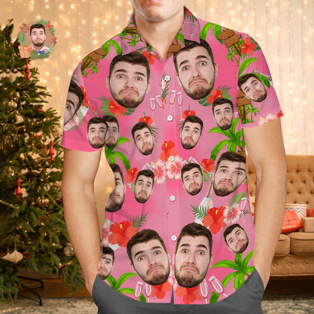 Custom Face Hawaiian Shirt Personalized Xmas Lights Flamingo Flowers And Leaves Beach Holiday Christmas Face Hawaiian Shirt - MyPhotoSocksAu