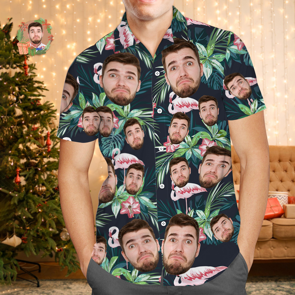 Custom Face Hawaiian Shirt Personalized Flamingo Flowers And Leaves Beach Holiday Christmas Face Hawaiian Shirt - MyPhotoSocksAu