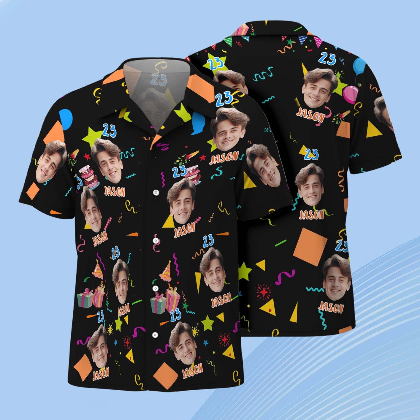 Custom Face Hawaiian Shirt Personalized Birthday Cake Name and Age Face Men Hawaiian Shirt Birthday Party Gift - MyPhotoSocksAu