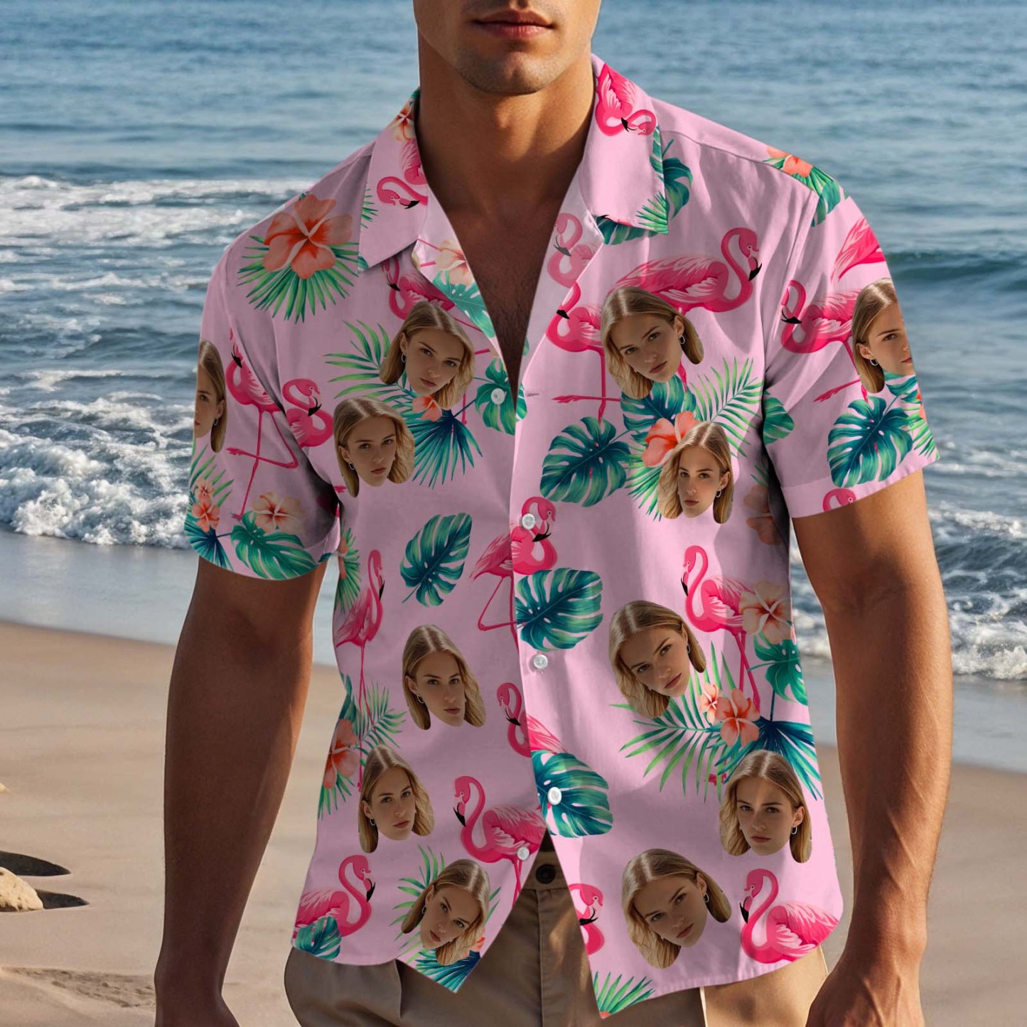 Custom Face Hawaiian Shirts With Face Colorful Flamingo Aloha Beach Shirt - Pink - MyPhotoSocksAu