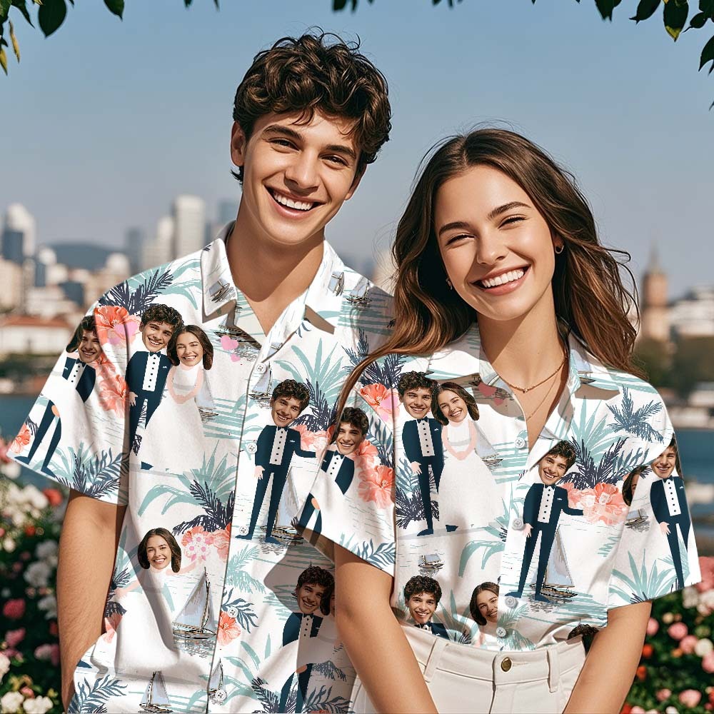 Custom Face Hawaiian Shirt Wedding Couple Face Hawaiian Shirt Personalized Blue Leaves Wedding Dress - MyPhotoSocksAu