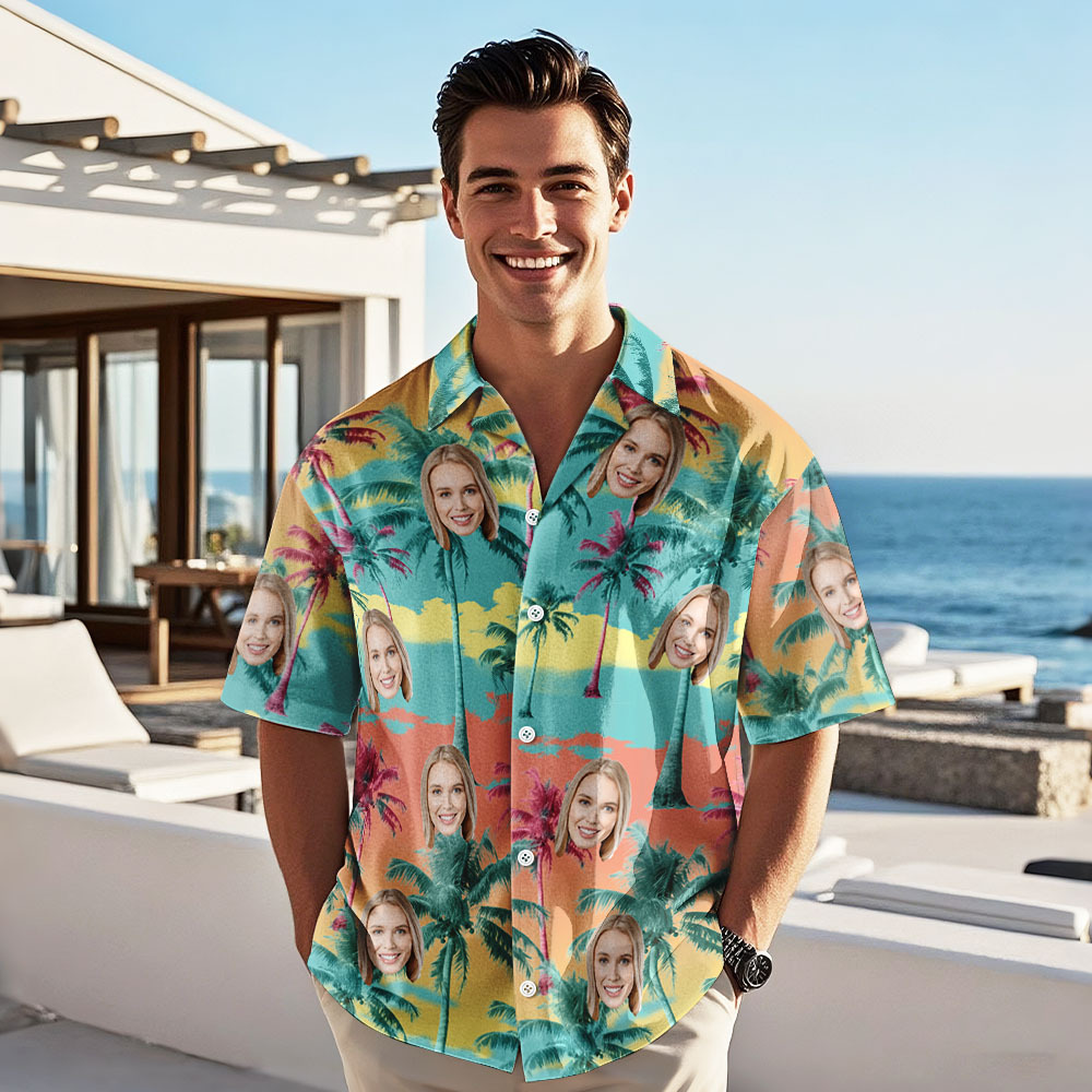 Personalized Face Hawaiian Shirt Sunset Color Hawaiian Shirt Gift Custom Face Hawaiian Shirt - MyPhotoSocksAu