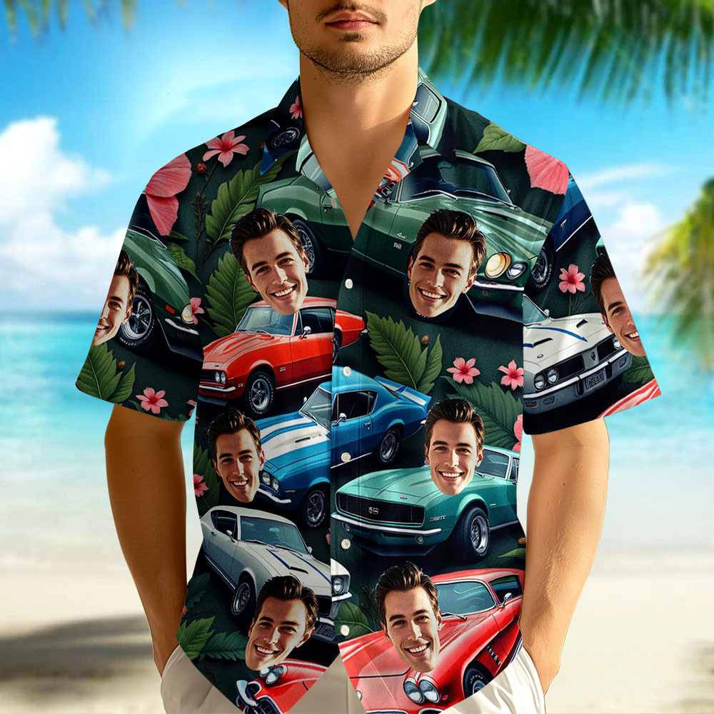 Custom Face Hawaiian Shirt Classic Colorful Car Photo Hawaiian Shirt Gift for Him - MyPhotoSocksAu