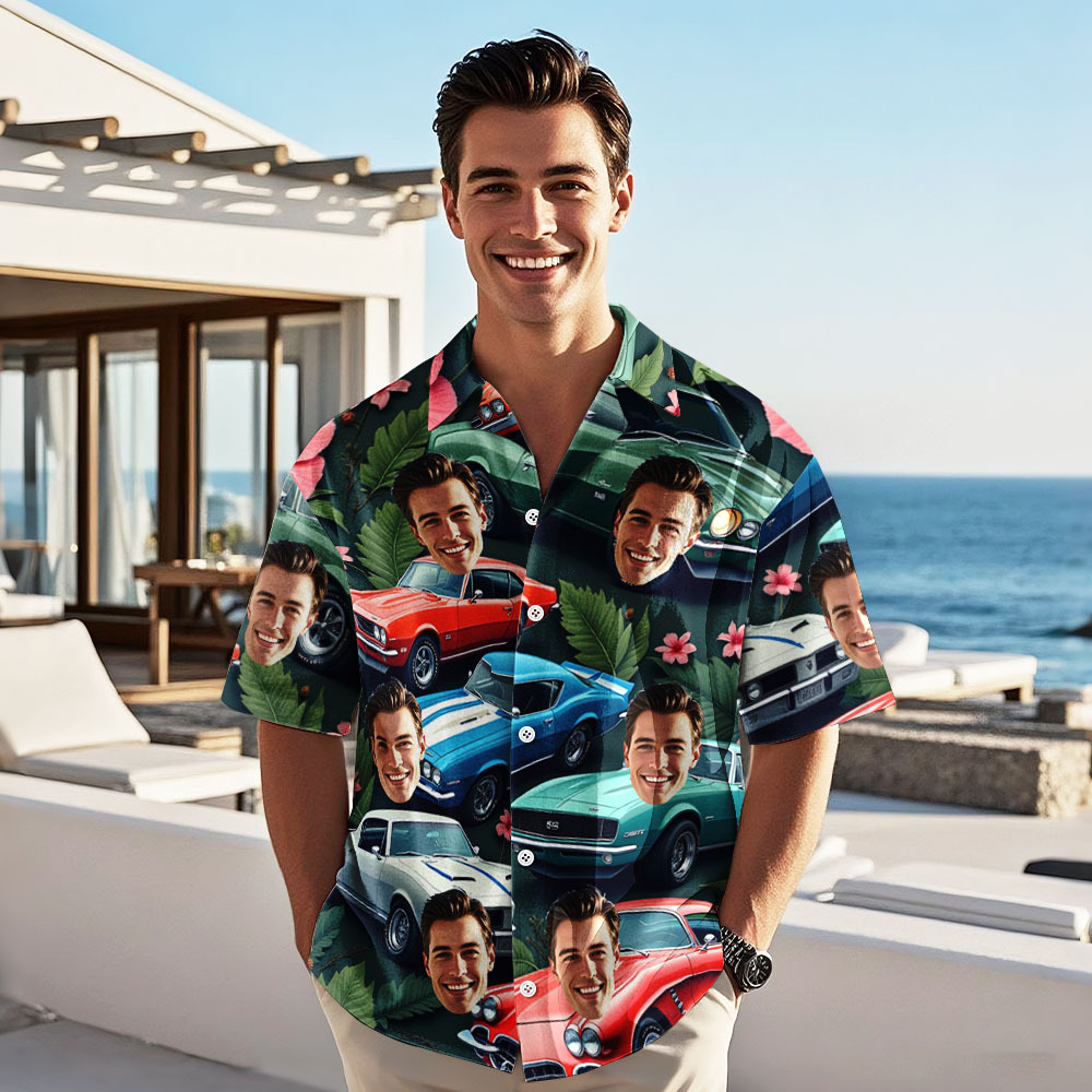 Custom Face Hawaiian Shirt Classic Colorful Car Photo Hawaiian Shirt Gift for Him - MyPhotoSocksAu