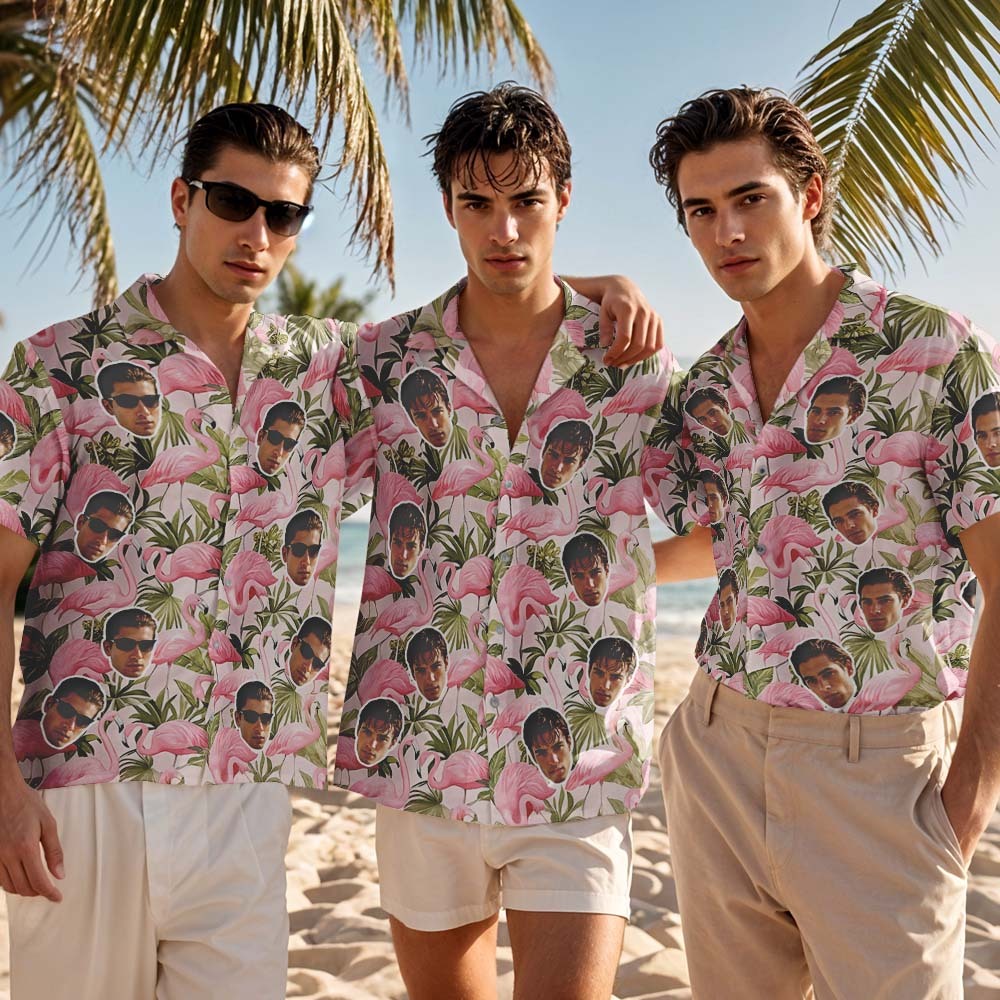 Custom Hawaiian Shirt Pink Flamingo Photo Hawaiian Shirt Funny Vacation Party Shirts - MyPhotoSocksAu