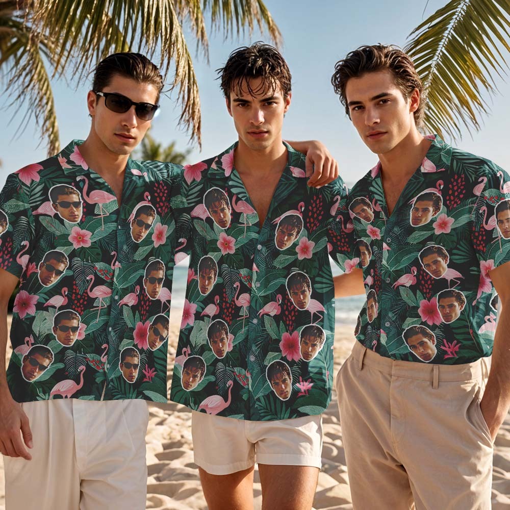 Custom Hawaiian Shirt Green Flower Flamingo Photo Hawaiian Shirt Funny Vacation Party Shirts - MyPhotoSocksAu