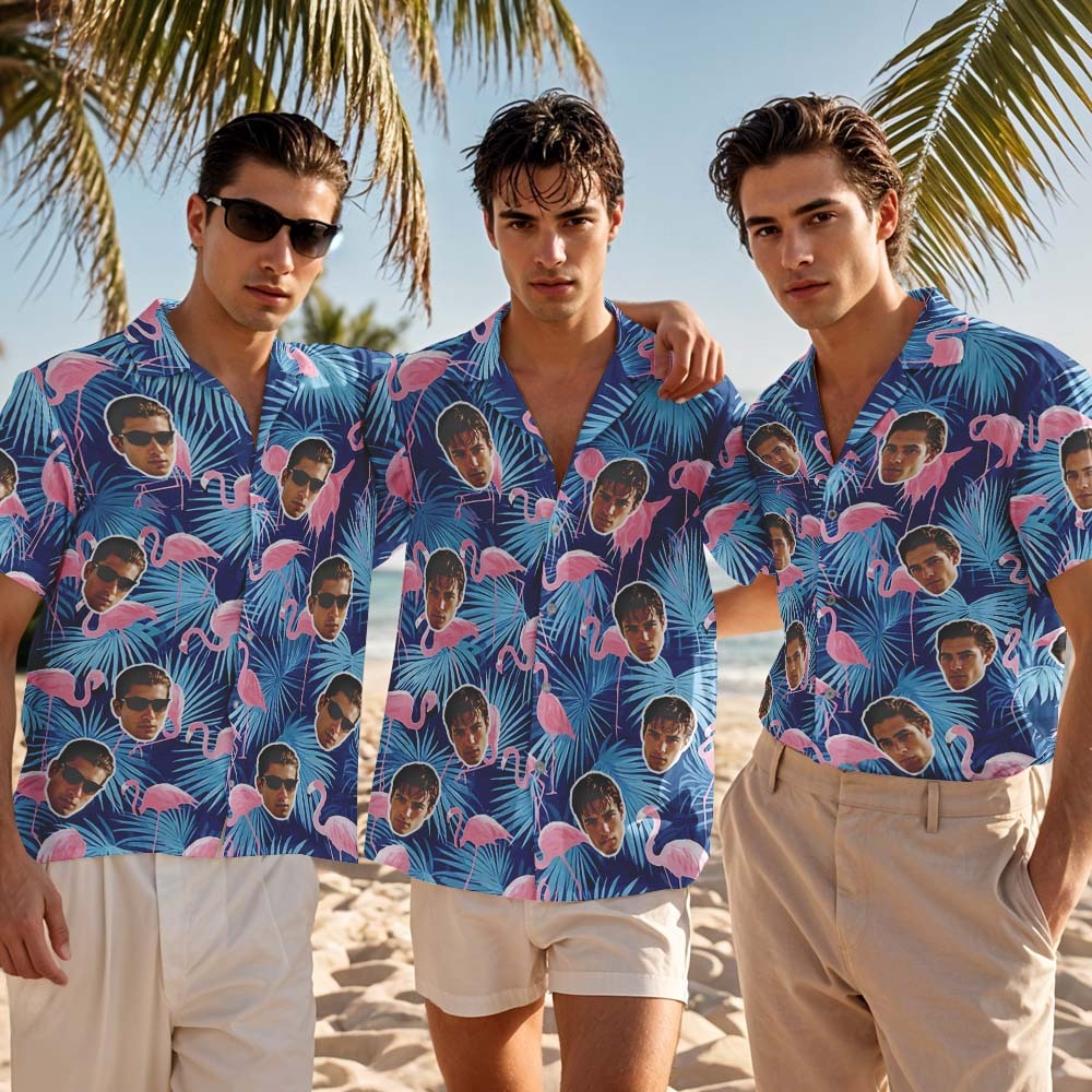 Custom Hawaiian Shirt Blue Flower Flamingo Photo Hawaiian Shirt Funny Vacation Party Shirts - MyPhotoSocksAu