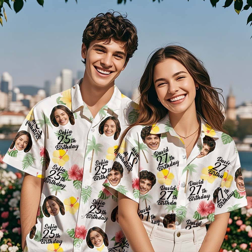 Personalized Birthday Couple Hawaiian Shirt Custom Face Name Summer Birthday Party Green Shirt Aloha Birthday Hawaiian Shirt Birthday Gift - MyPhotoSocksAu