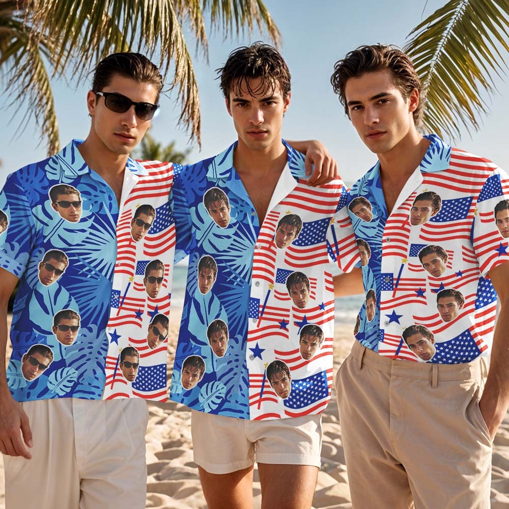 Custom Hawaiian Shirt Blue Leaves Stars Flag Personalized Photo Hawaiian Shirt Funny Vacation Party Shirts - MyPhotoSocksAu