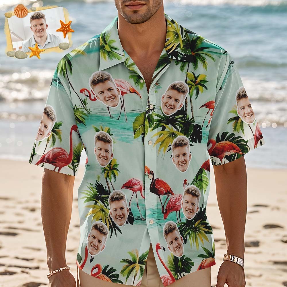 Custom Women Light Green Flamingo Face Hawaiian Shirt Face Vacation Summer Party Gift - MyPhotoSocksAu