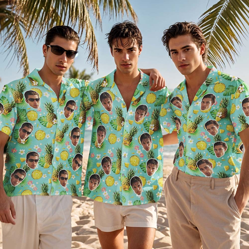 Custom Hawaiian Shirt Pineapple Green Shirt Personalized Photo Hawaiian Shirt Funny Vacation Party Shirts - MyPhotoSocksAu