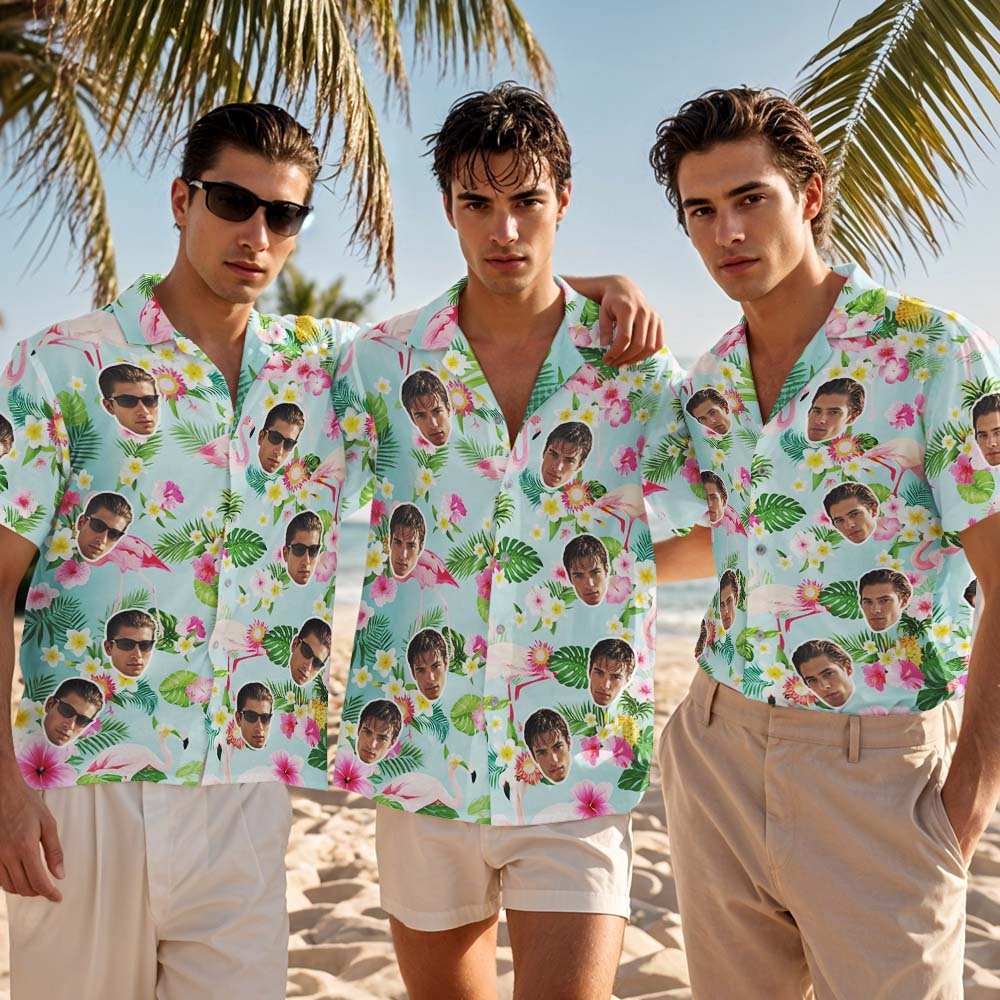 Custom Hawaiian Shirt Green Fresh Flamingo Flower Shirt Personalized Photo Hawaiian Shirt Funny Vacation Party Shirts - MyPhotoSocksAu