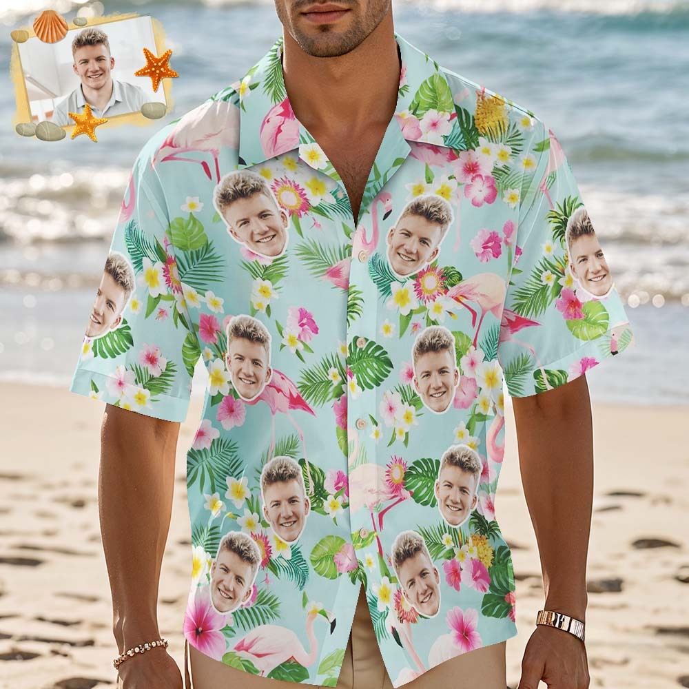 Custom Hawaiian Shirt Green Fresh Flamingo Flower Shirt Personalized Photo Hawaiian Shirt Funny Vacation Party Shirts - MyPhotoSocksAu
