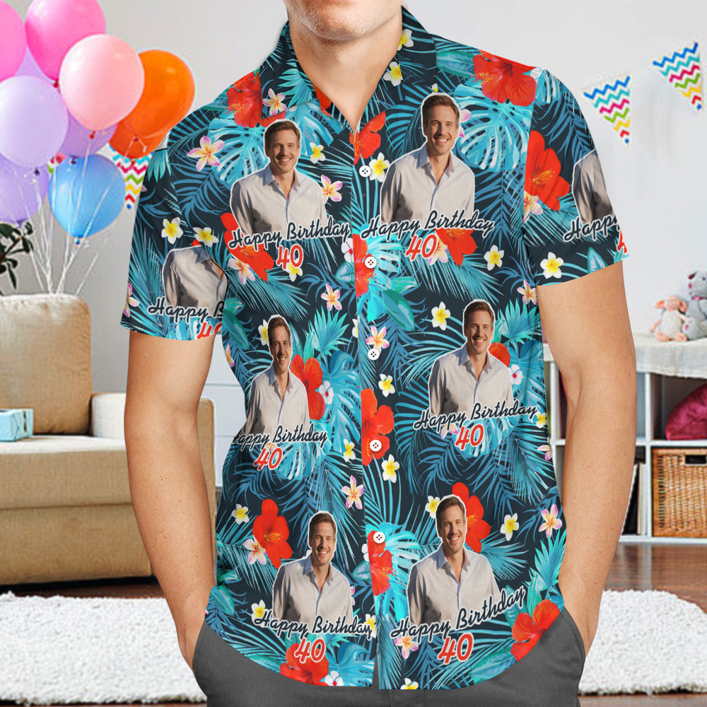 Custom Birthday Hawaiian Shirt Funny Face Date and Name Flower and Palm Tree Shirt 5-STYLES - MyPhotoSocksAu