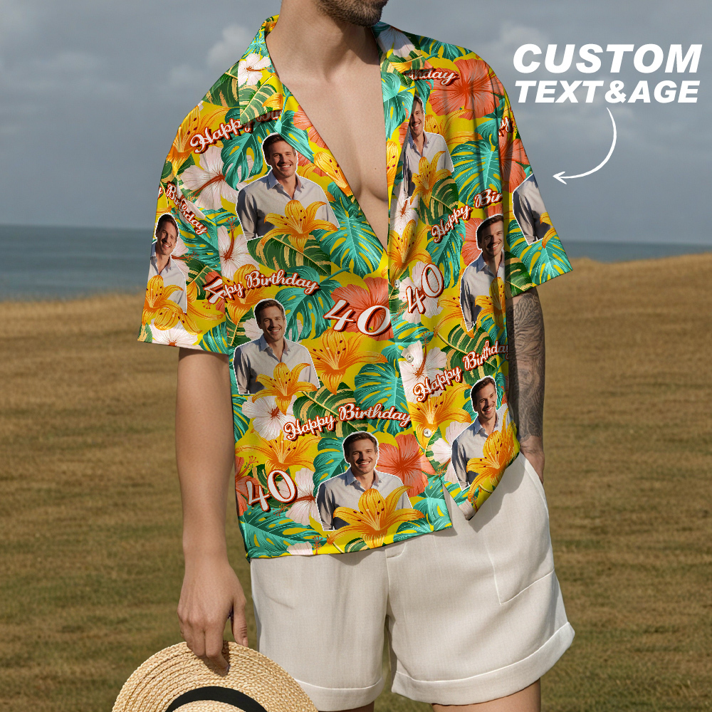 Custom Birthday Hawaiian Shirt Funny Face Date and Name Flower and Palm Tree Shirt 5-STYLES - MyPhotoSocksAu