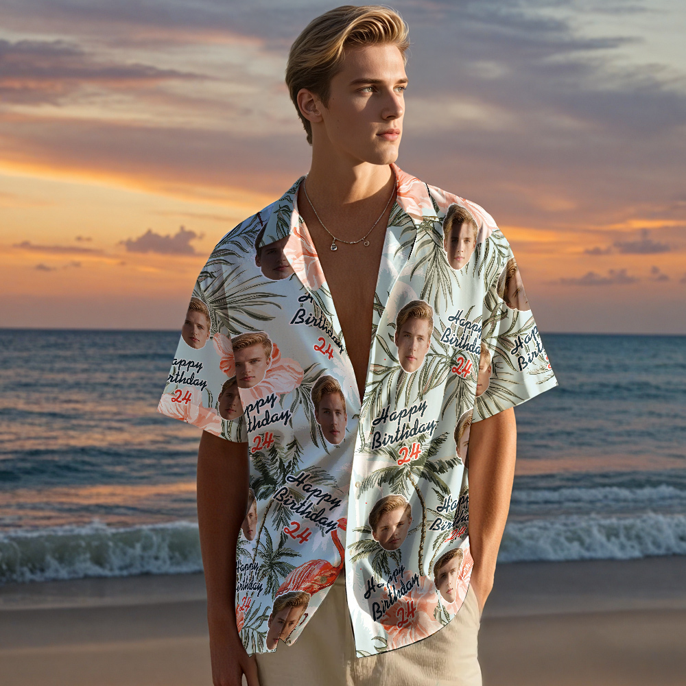 Custom Birthday Hawaiian Shirt Funny Face Date and Name Flower and Palm Tree Shirt 5-STYLES - MyPhotoSocksAu