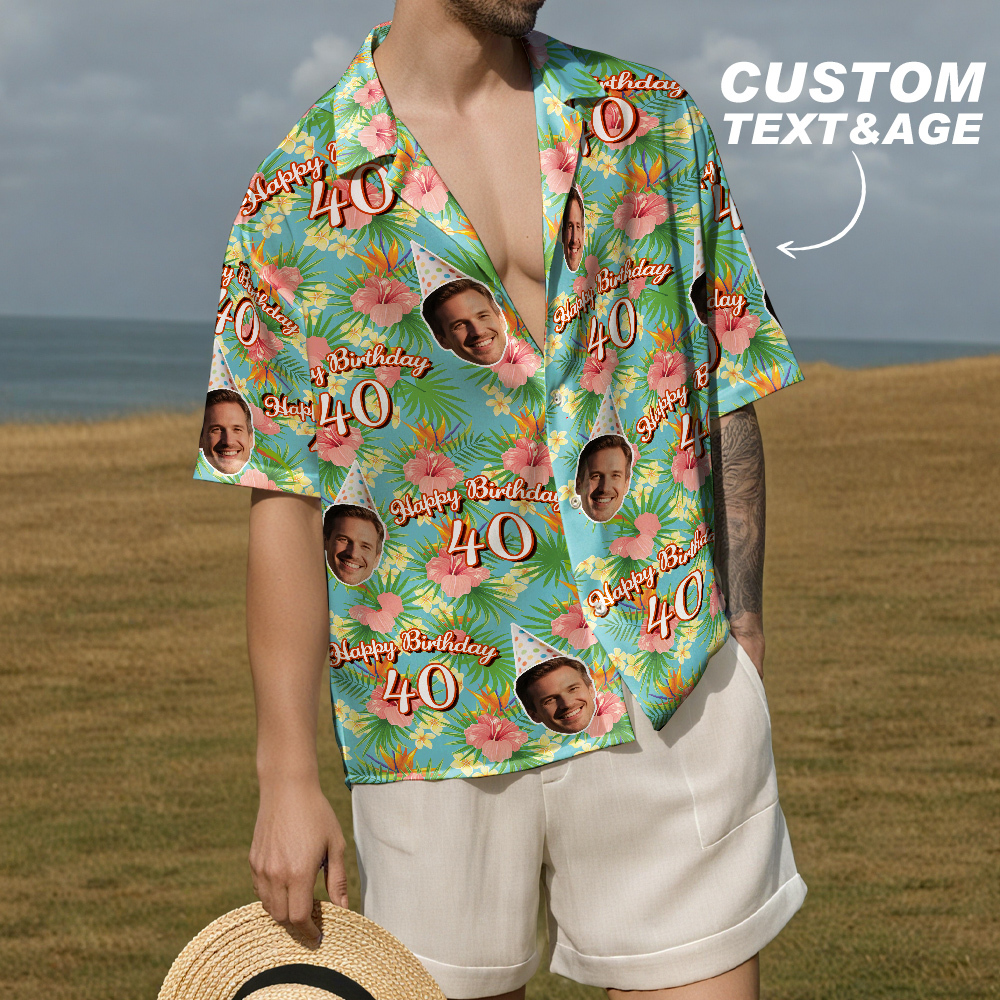 Custom Birthday Hawaiian Shirt Funny Face Date and Name Flower and Palm Tree Shirt 5-STYLES - MyPhotoSocksAu