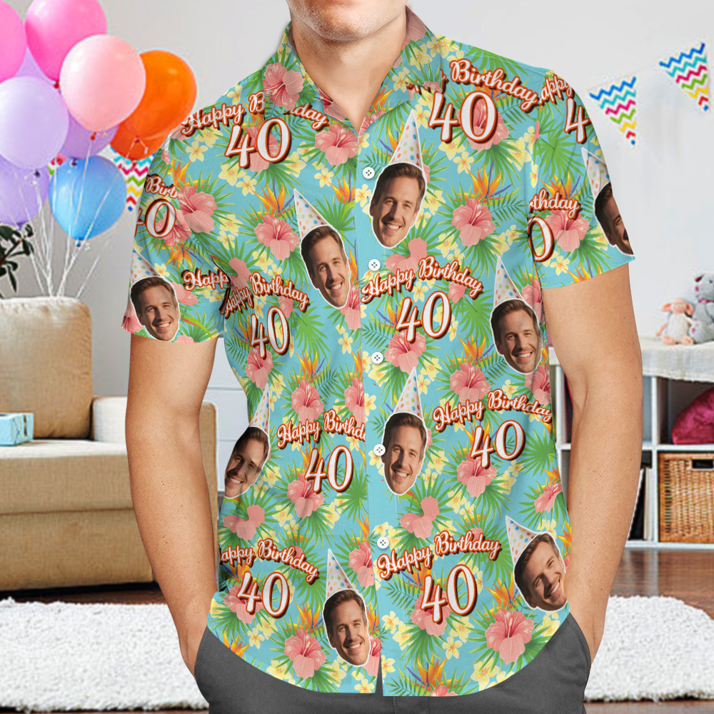 Custom Birthday Hawaiian Shirt Funny Face Date and Name Flower and Palm Tree Shirt 5-STYLES - MyPhotoSocksAu