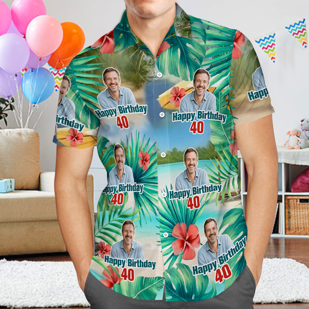 Custom Your Face Birthday Hawaiian Shirt Custom Date and Name Beer Flower and Palm Tree Shirt 5-STYLES - MyPhotoSocksAu