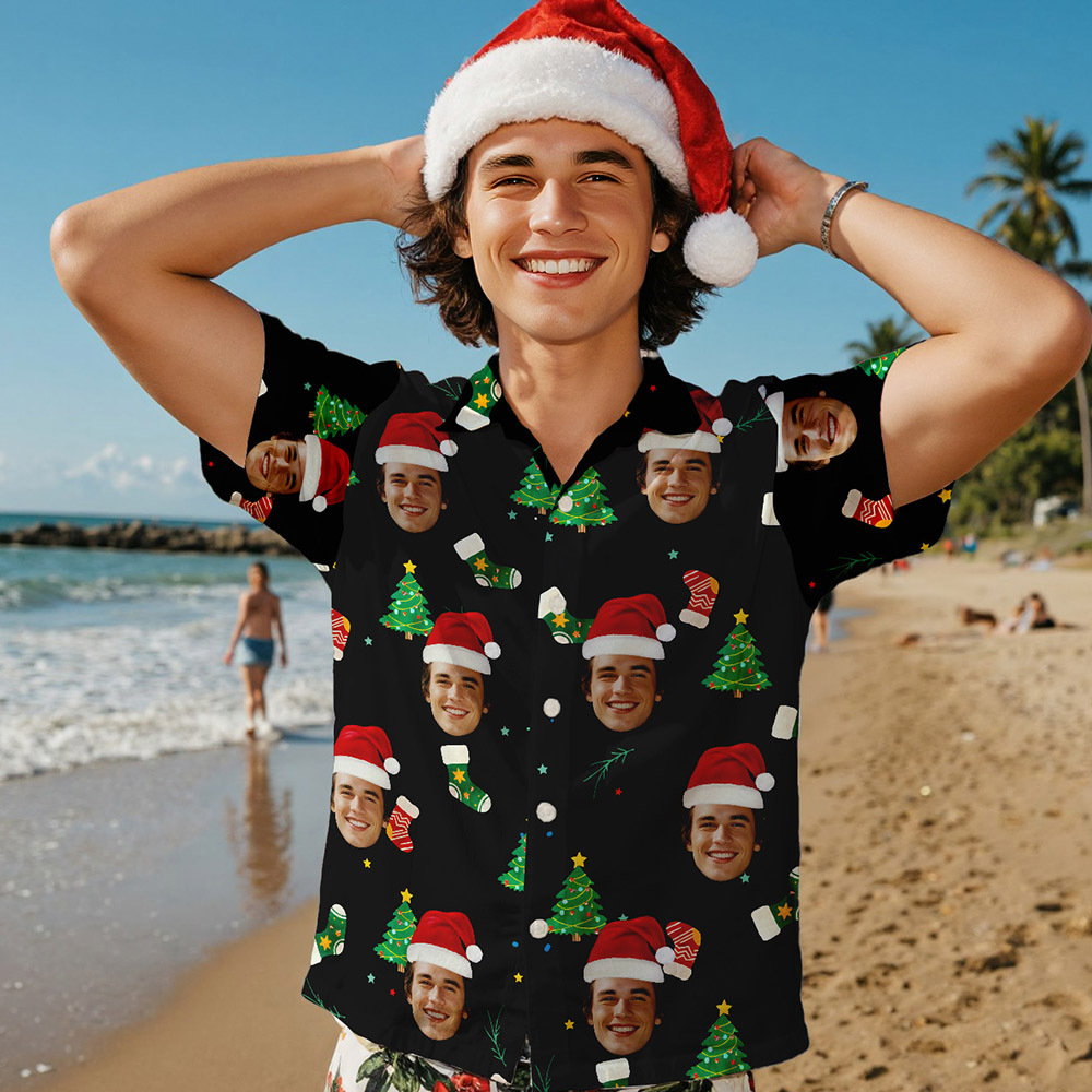 Custom Face Christmas Tree Shirt Hawaiian Shirt Xmas Top Gift for Family Friends Personalized Face Hawaiian Shirt - MyPhotoSocksAu