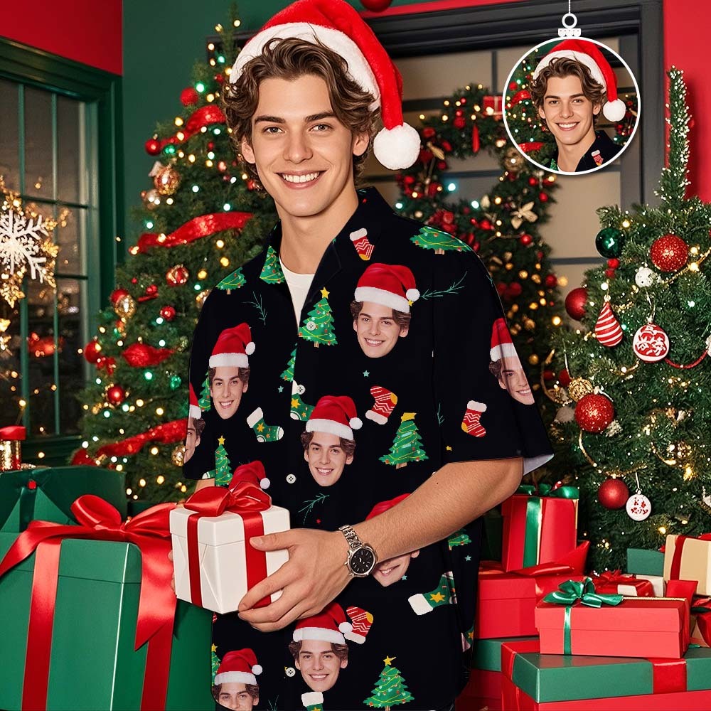 Custom Face Christmas Tree Shirt Hawaiian Shirt Xmas Top Gift for Family Friends Personalized Face Hawaiian Shirt - MyPhotoSocksAu