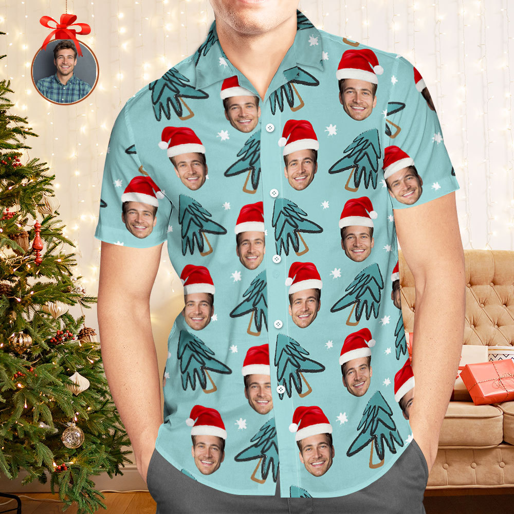 Custom Face Christmas Tree Shirt Hawaiian Shirt Xmas Top Gift for Family Friends Personalized Face Hawaiian Shirt - MyPhotoSocksAu
