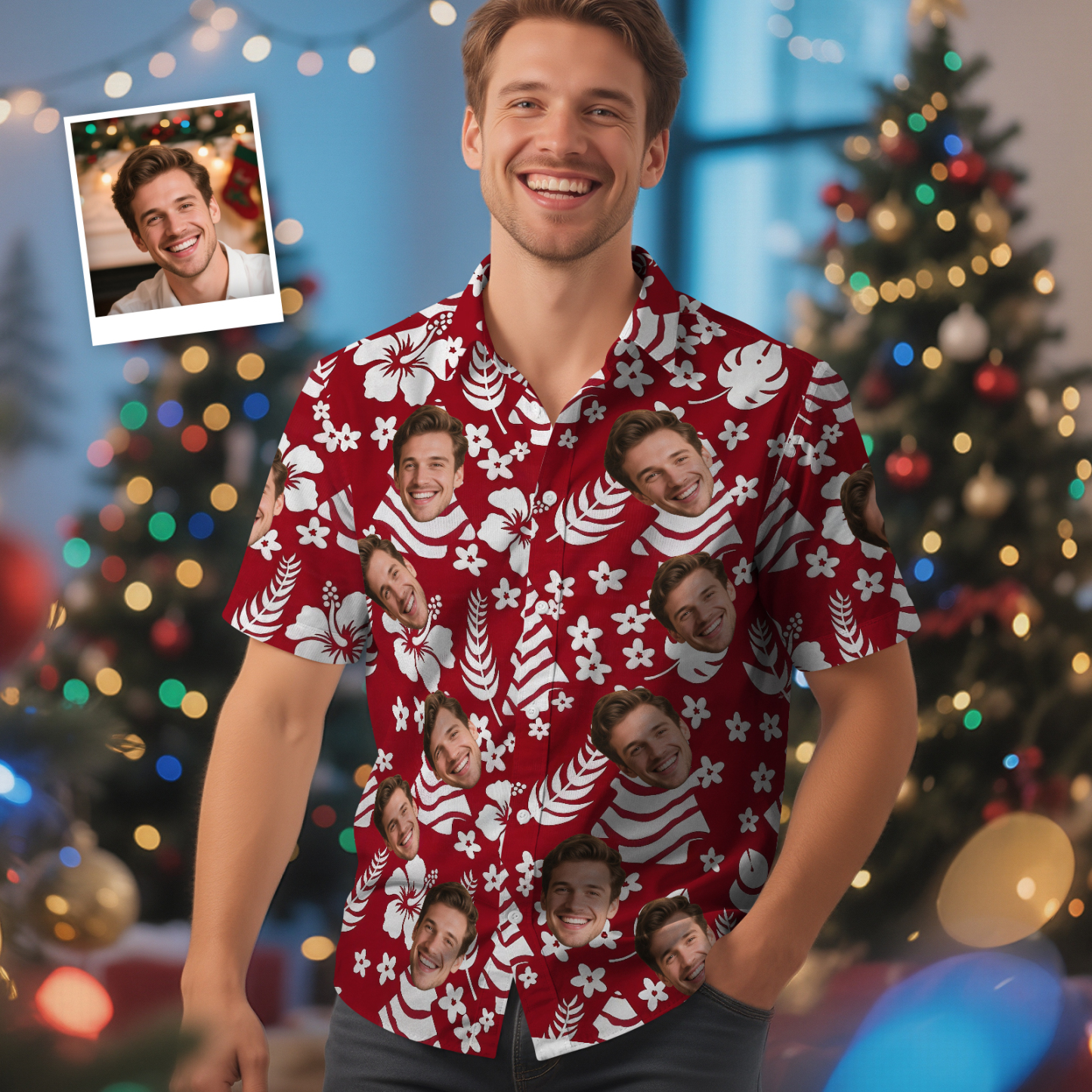 Custom Face Green Tree Hawaiian Shirt Personalized Men Hawaiian Shirt With Face Photo Hawaiian Shirt Aloha Shirt Christmas Gift - MyPhotoSocksAu