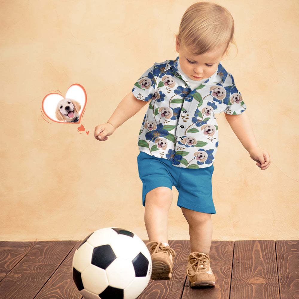 Custom Dog Face Shirt Women's and Kids Hawaiian Shirts Short Sleeve Shirt Blue Flowers - My Photo Socks AU