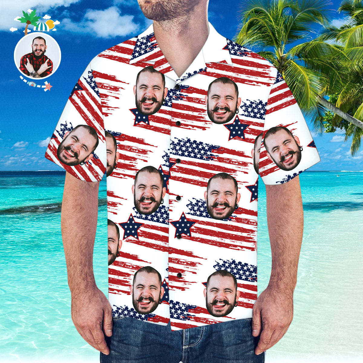 Custom Face Hawaiian Shirt America Flag Hawaiian Shirt for Beach Party - My Photo Socks AU
