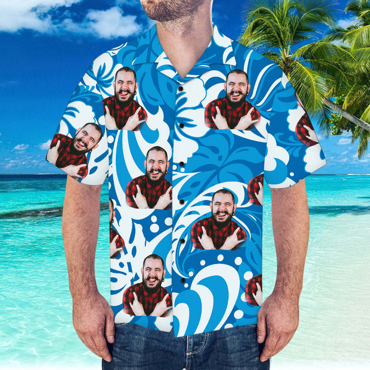 Custom Hawaiian Shirt with Boyfriend Face Leaves & Flowers Pattern Hawaiian Shirt - My Photo Socks AU