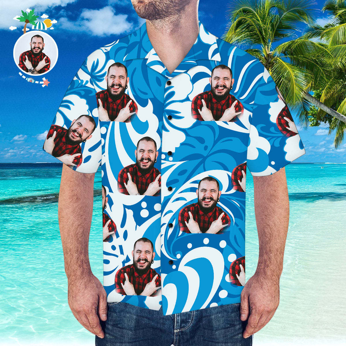 Custom Hawaiian Shirt with Boyfriend Face Leaves & Flowers Pattern Hawaiian Shirt - My Photo Socks AU