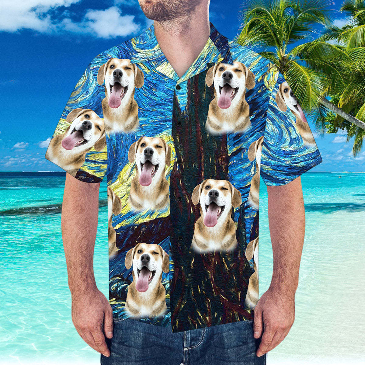 Custom Hawaiian Shirt with Girlfriend Face Starry Night Pattern Shirt - My Photo Socks AU