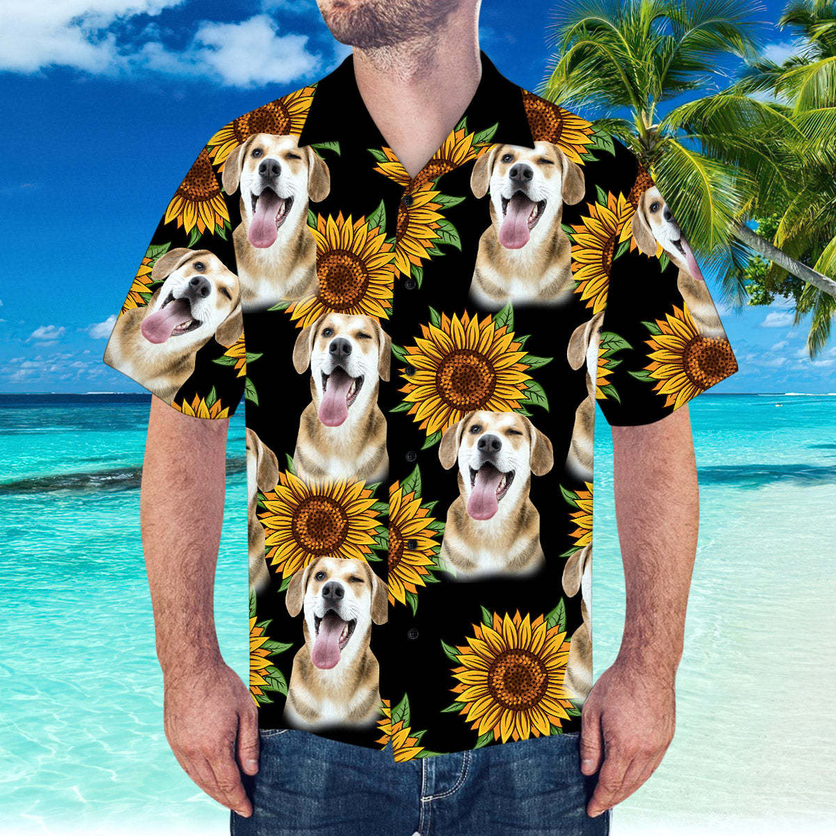 Custom Hawaiian Shirt with Husband Face Sunflower & Leaves Shirt for Beach Party - My Photo Socks AU