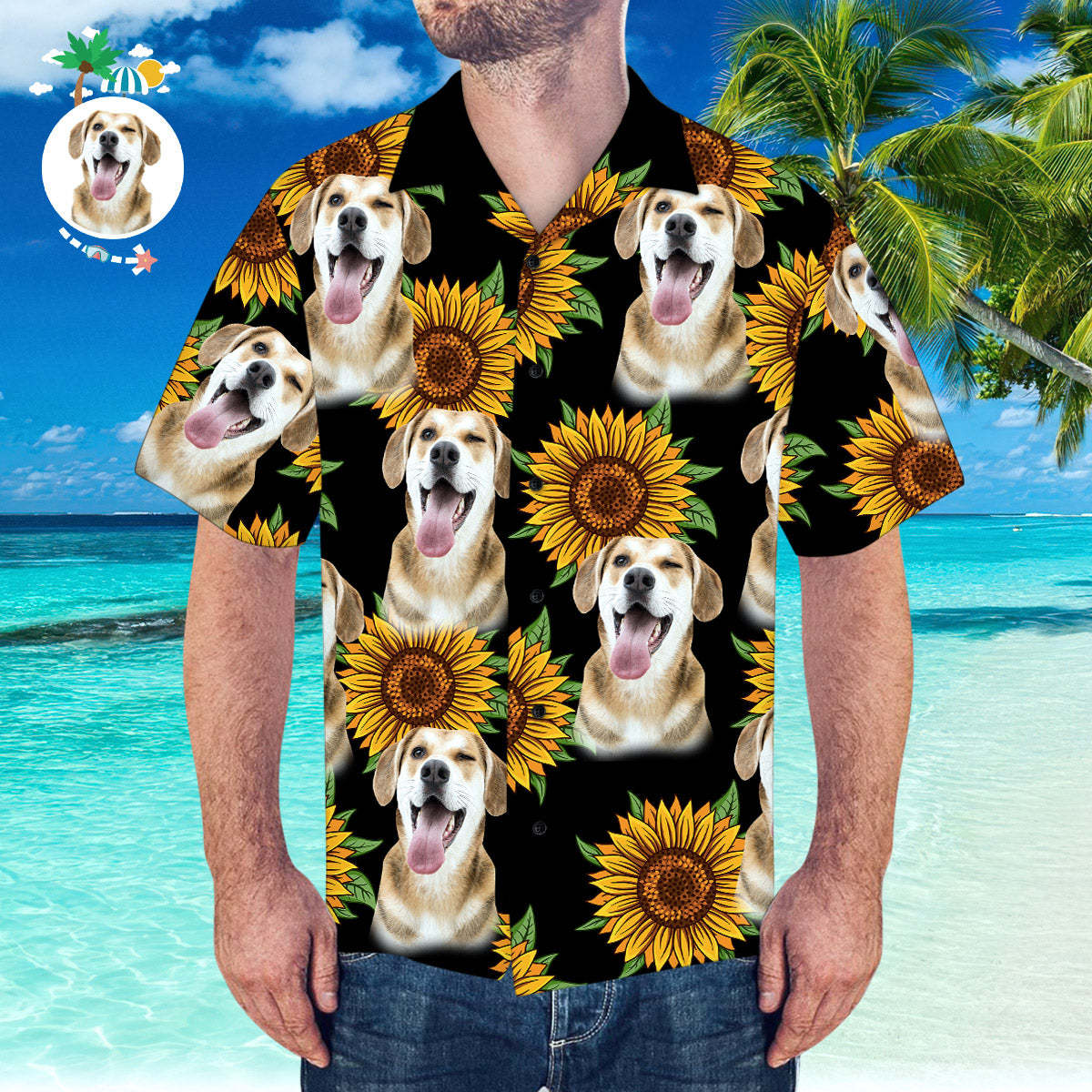 Custom Hawaiian Shirt with Husband Face Sunflower & Leaves Shirt for Beach Party - My Photo Socks AU