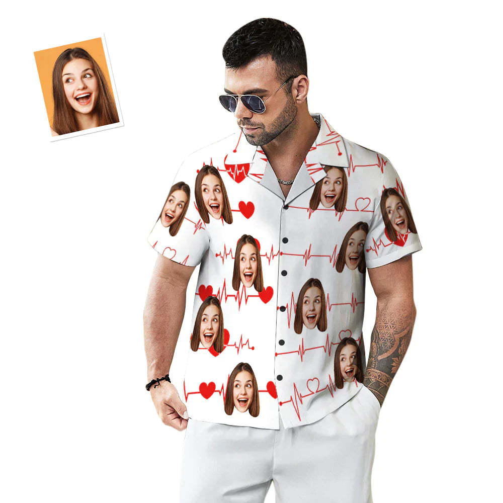 Custom Face Men's Hawaiian Shirt Personalized Heart Print Hawaiian Shirt Valentine's Day Gifts - My Photo Socks AU