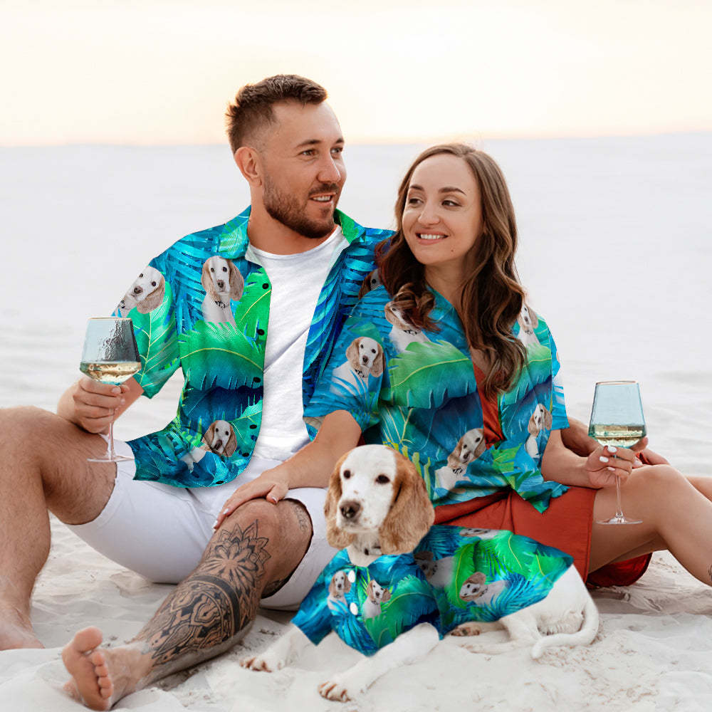 Custom Face Hawaiian Style Large Leaves Dog and Owner Matching Hawaiian Shirts - My Photo Socks AU