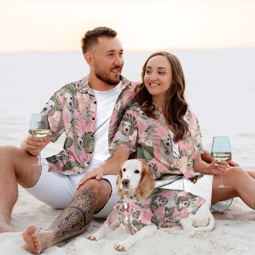 Custom Dog Face Hawaiian Style Pink Flowers Dog and Owner Matching Hawaiian Shirts - My Photo Socks AU
