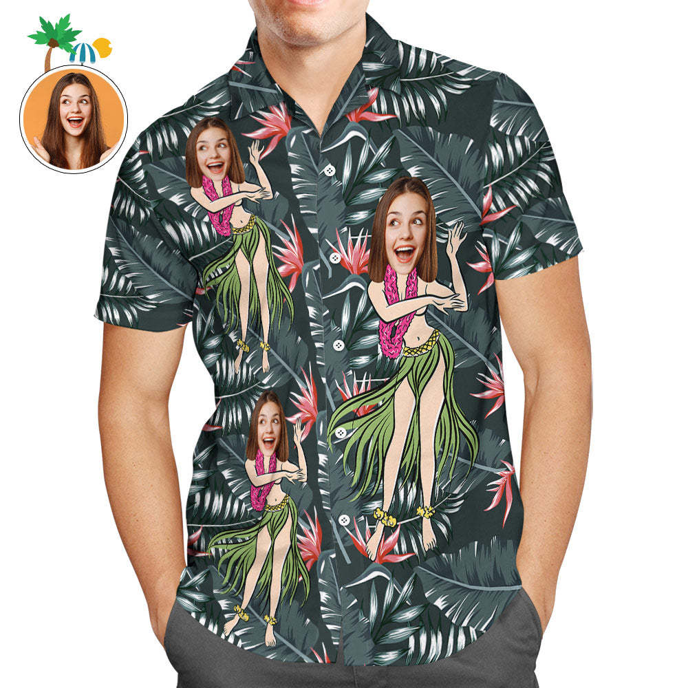 Custom Face Men Hawaiian Shirt Leaves Hula Green Tropical Shirt - My Photo Socks AU