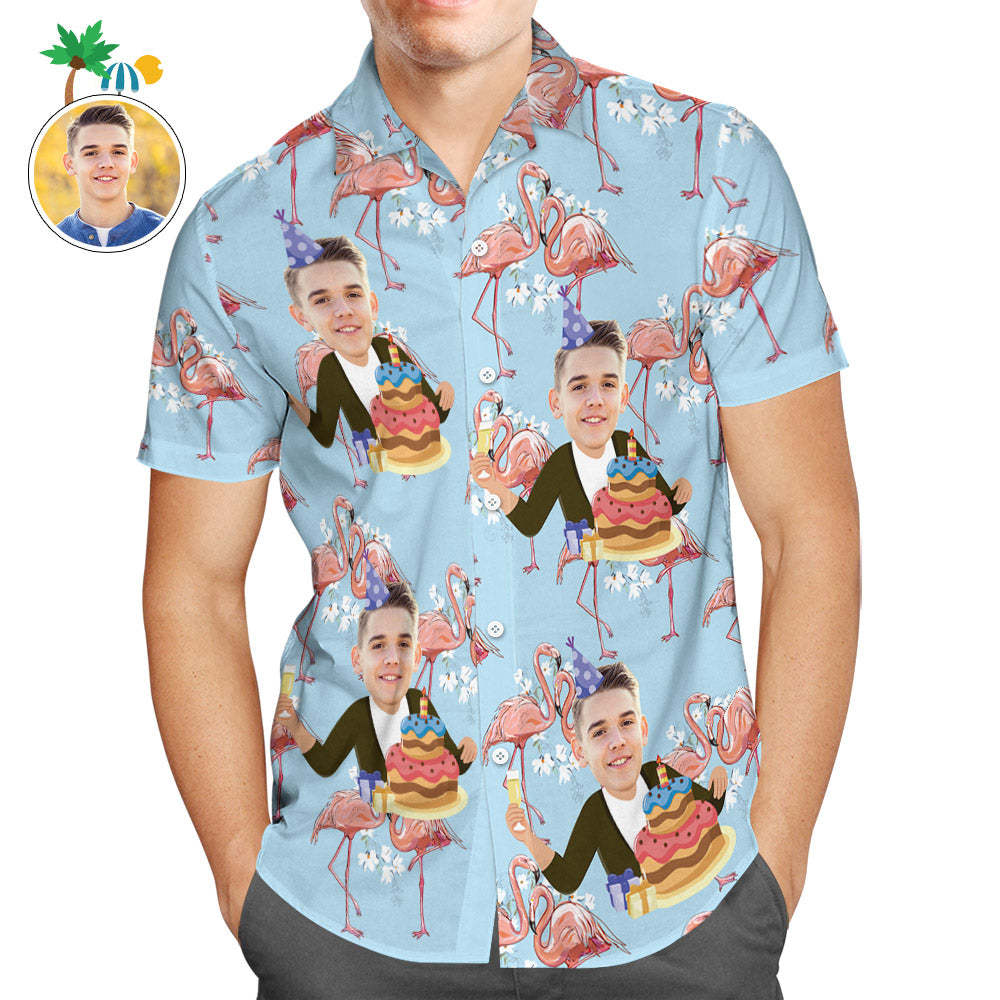 Custom Face Men Flamingo Hawaiian Shirt Birthday Cake Shirt - My Photo Socks AU