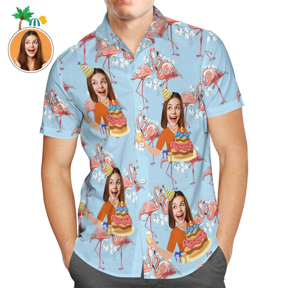 Custom Face Men Flamingo Hawaiian Shirt Birthday Cake Shirt - My Photo Socks AU