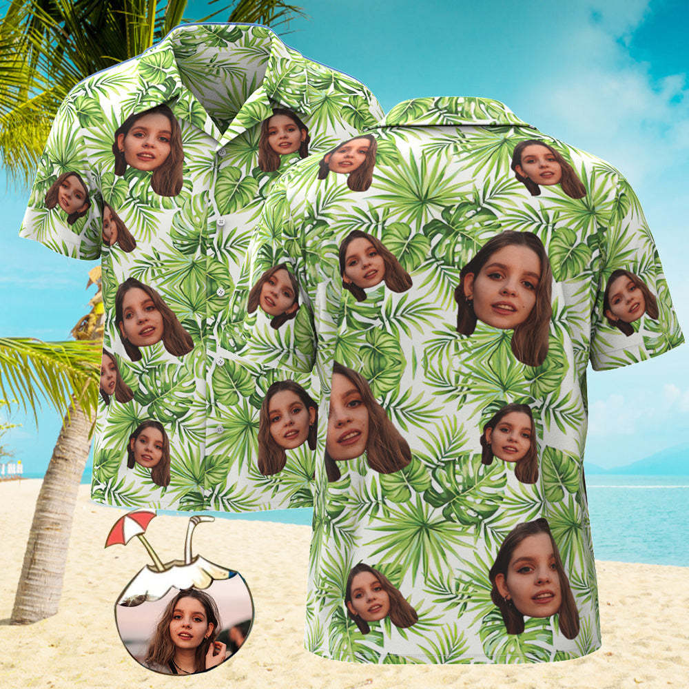Custom Face Hawaiian Shirt Men's All Over Print Aloha Shirt Gift - Fresh Green Leaves - My Photo Socks AU
