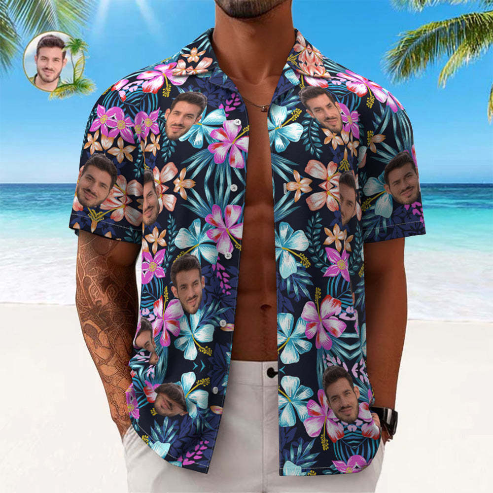 Custom Face Hawaiian Shirt Men's All Over Print Aloha Shirt Gift - Multicolored Flowers - My Photo Socks AU