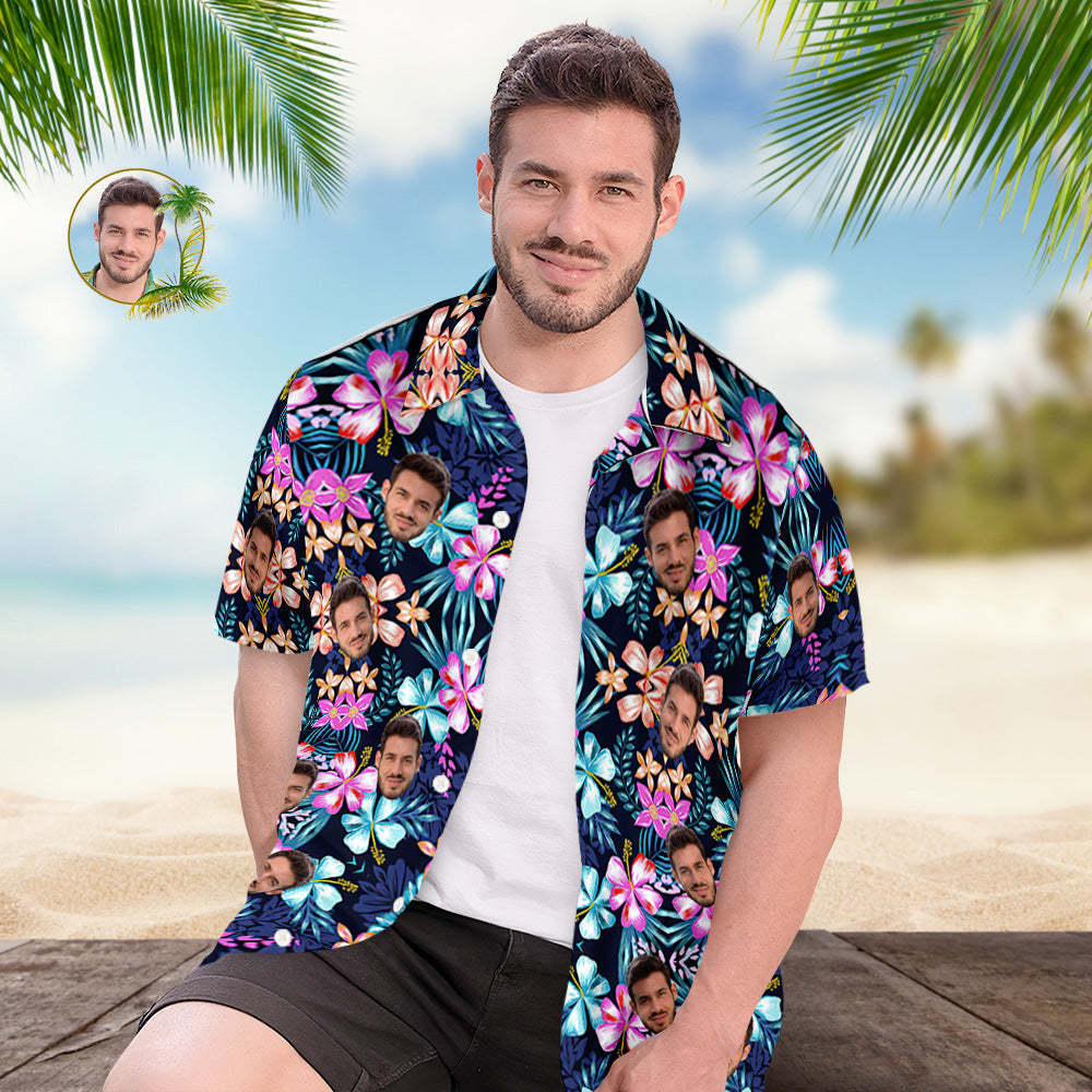 Custom Face Hawaiian Shirt Men's All Over Print Aloha Shirt Gift - Multicolored Flowers - My Photo Socks AU