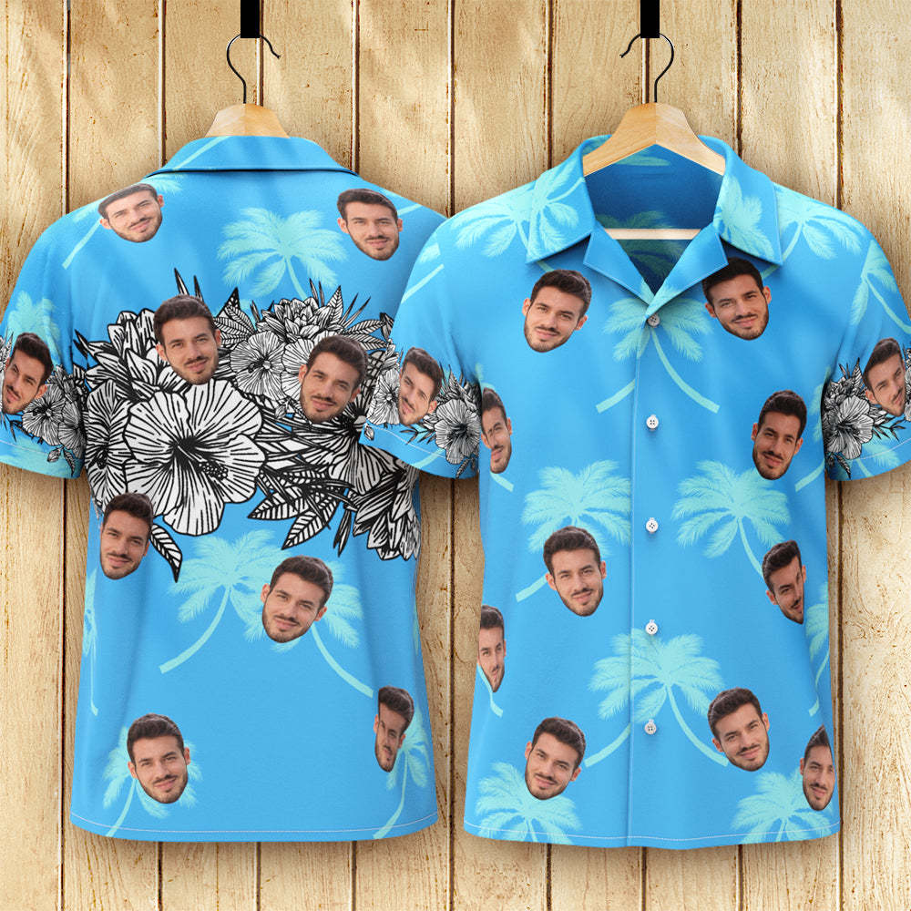 Custom Face Hawaiian Shirt Men's All Over Print Aloha Shirt Gift - Blue - My Photo Socks AU