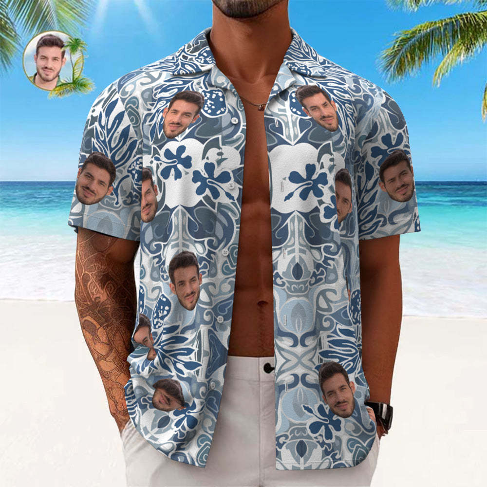 Custom Face Hawaiian Shirt Men's All Over Print Aloha Shirt Gift - Blue Vintage Pattern - My Photo Socks AU