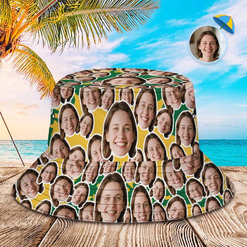 Custom Face Bucket Hat Unisex Face Mash Personalized Outdoor Summer Green Hawaiian Hats Gift - MyPhotoSocksAu