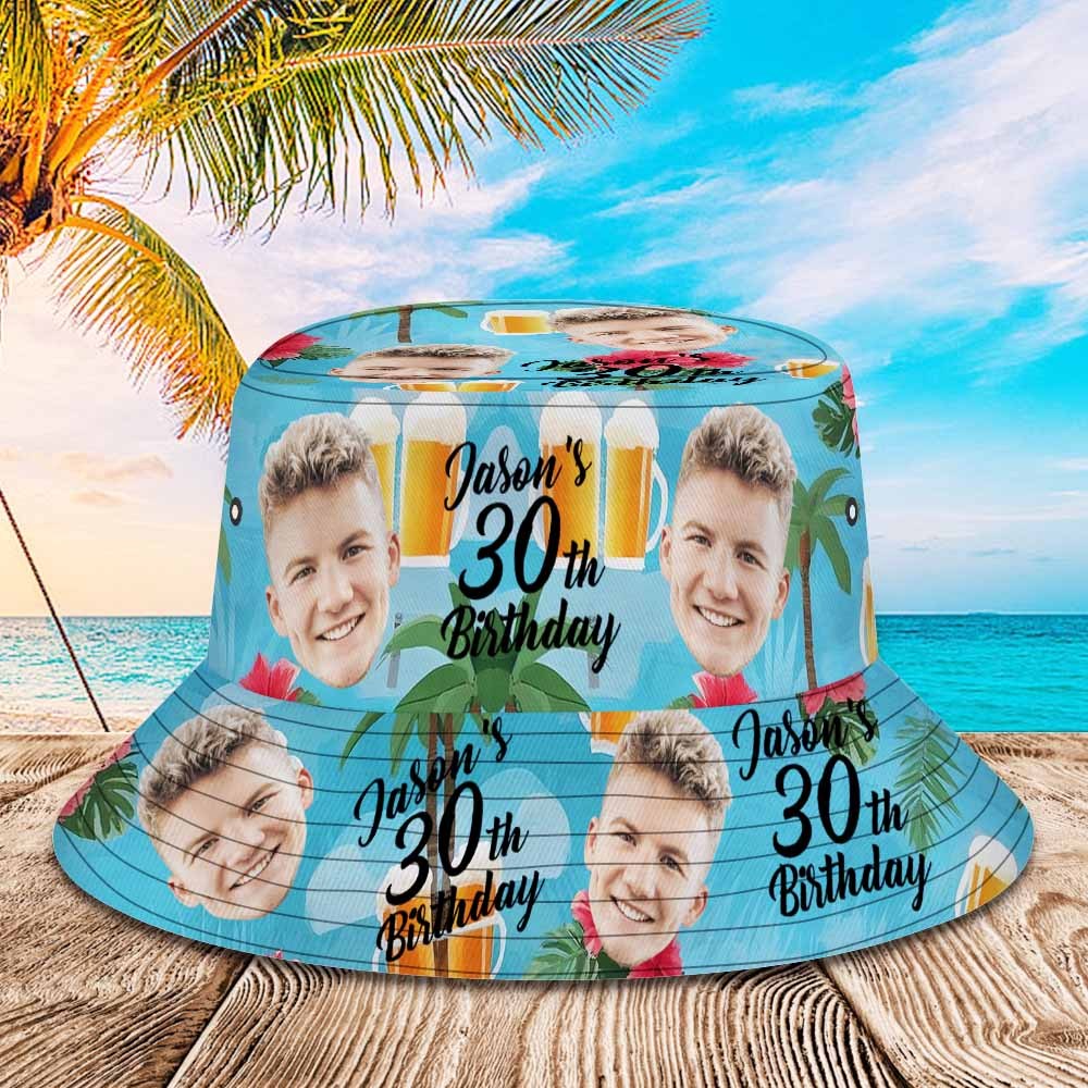 Custom Face Birthday Light Green Bucket Hat Unisex Face Personalized Outdoor Summer Age and Birthday Hawaiian Hats Gift - MyPhotoSocksAu