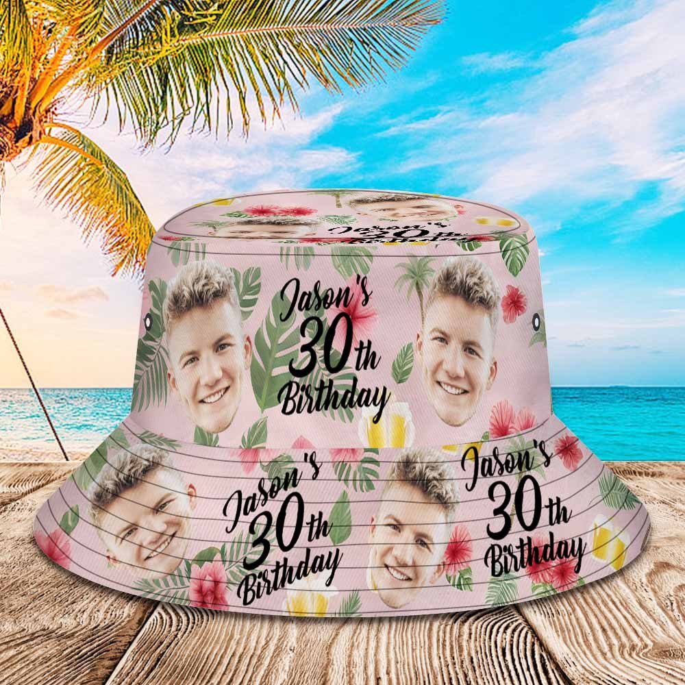 Custom Face Birthday Light Green Bucket Hat Unisex Face Personalized Outdoor Summer Age and Birthday Hawaiian Hats Gift - MyPhotoSocksAu